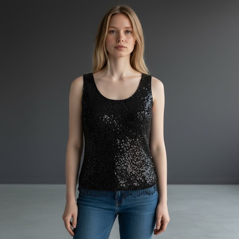 White Front Vintage Black Sequin Beaded Fringe Tank Top | Hand Decorated - Picture 7 of 7